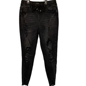Elite Jeans Womens Size Large DISTRESSED BIKER rip Moto tie waist stretch L